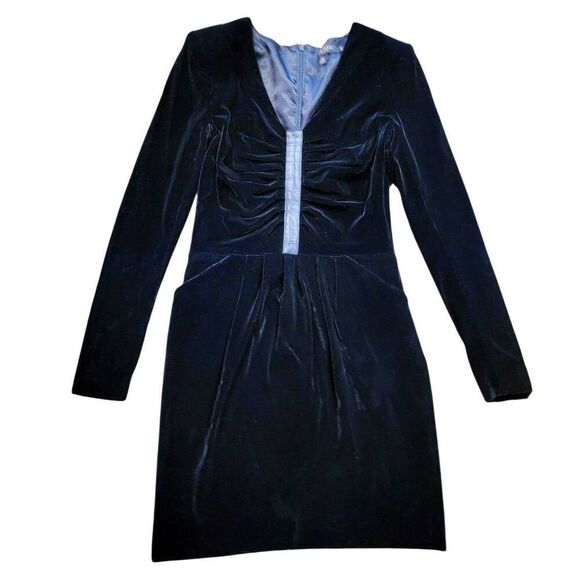 Ted Baker Dress Women's XS Black Velvet Long Sleeve Knee Length Ruched Leather - Picture 2 of 6